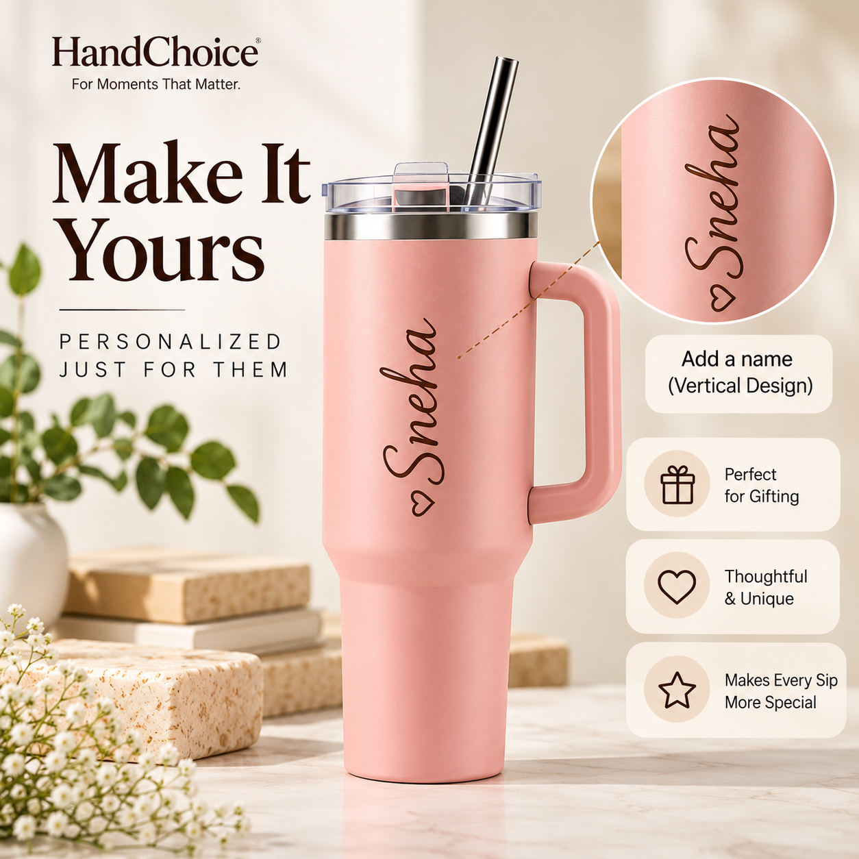 Personalised Stainless Steel Tumbler with Straw - 1200ml